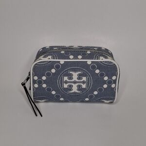 Tory Burch mini T monogram denim cosmetic case
